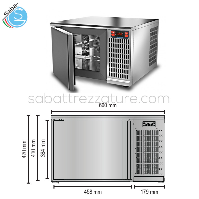 OFFERTA: Abbattitore Tecnodom Attila 3 teglie GN 2\3 - Dim. LxPxH 66 x 64 x 42 cm - Dim. camera LxPxH 34 x 36,3 x 27 cm - Cap. 3-GN 2/3 354 x 325 mm - Volume interno 30 Lt - Resa abbattimento + 3°C 9 kg - Resa surgelazione - 18°C 7 kg - Alim. monofase