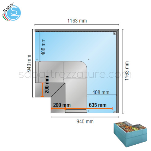 Banco refrigerato angolo 90° aperto PKAA9VSG TECNODOM - Con Gruppo incorporato - Vetri Dritti - Dim. (mm) 1163 x 1163 - Temperatura di esercizio : +2°C ~ +6°C - Alimentazione : 220 / 240 V - 1P - 50 Hz