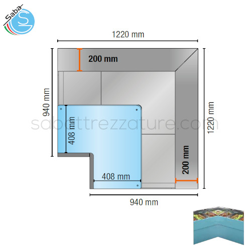 Banco refrigerato angolo 90° chiuso PKAC9VSG TECNODOM - Con Gruppo incorporato - Vetri Dritti - Dim. (mm) 1220 x 1220 - Temperatura di esercizio : +2°C ~ +6°C - Alimentazione : 220 / 240 V - 1P - 50 Hz