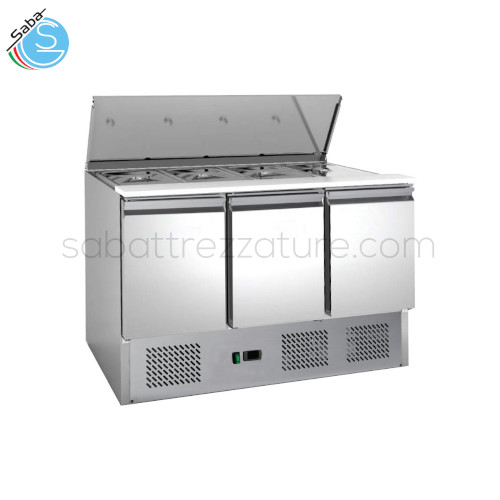 Saladette refrigerata GN1/1 STATICA - Temperatura di lavoro +2°C/+8°C - Dimensioni esterne 1365 x 700 x 865(H) mm - Capacità (L) 4 x GN1/1 368 L - Assorbimento (W) 235 - Tensione 230V / 50Hz