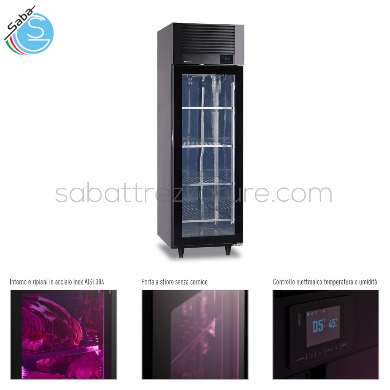 OFFERTA: Vetrina refrigerata per conservazione e frollatura carne KLIMEAT 600 BLK - Colore Nero - Dimensioni 61,5 X 76 X 200.5H - Potenza elettrica W 405 - Alimentazione 220-240V - Hz50