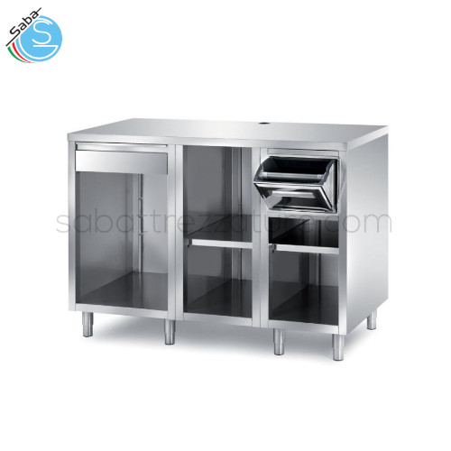 Tavolo Inox AISI 304 per macchina da caffè con cassetto battifiltro, 3 vani - cm 150X70X110H