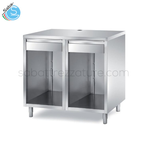 Tavolo inox per macchina da caffè con 2 vani a giorno + 2 cassetti di cui 1 con battifiltro - cm 100X70X110H