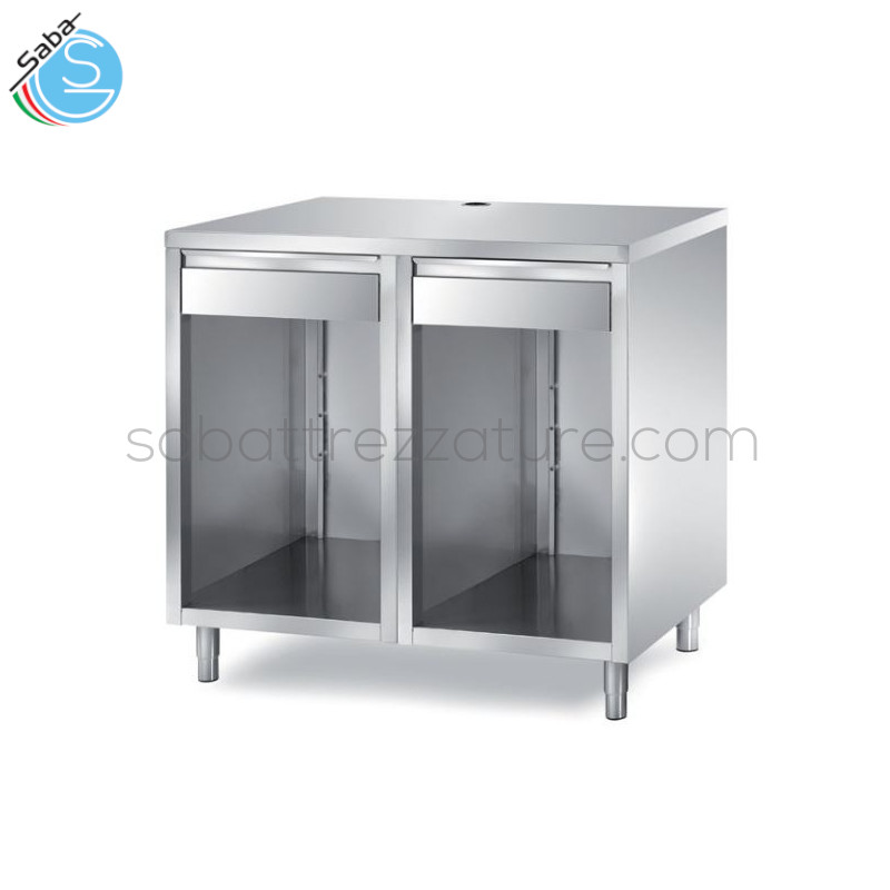 OFFERTA: Tavolo inox per macchina da caffè con 2 vani a giorno + 2 cassetti di cui 1 con battifiltro - cm 100X70X110H