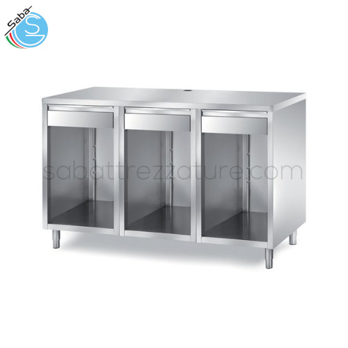 Tavolo inox per macchina da caffè con 3 vani a giorno + 3 cassetti di cui 1 con battifiltro - cm 150X70X110H