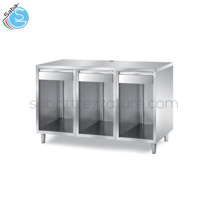 OFFERTA: Tavolo inox per macchina da caffè con 3 vani a giorno + 3 cassetti di cui 1 con battifiltro - cm 150X70X110H