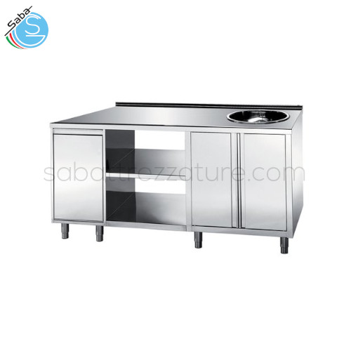 Tavolo caffetteria cm 180x70x90H realizzato in acciaio inox lucido. Composto da due battenti, vano a giorno, tramoggia basculante, alzatina posteriore H = 3 cm, vasca diam. 42 cm