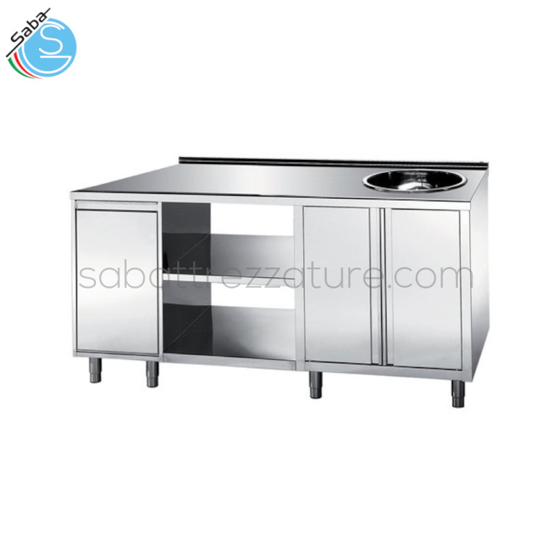 OFFERTA: Tavolo caffetteria cm 220x70x90H realizzato in acciaio inox lucido. Composto da due battenti, vano a giorno, tramoggia basculante, alzatina posteriore H = 3 cm, vasca diam. 42 cm