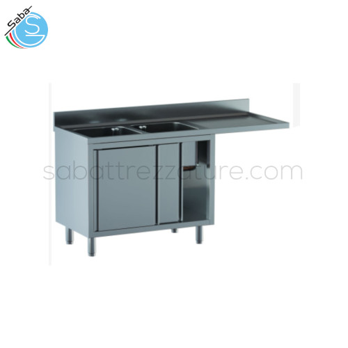 Lavello inox armadiato con vano lavastoviglie cm 160x70x85H - 2 Vasche rettangolari a sinistra da cm 40x50x30H - Gocciolatoio a destra con sottostante vano lavastoviglie - 2 Porte Scorrevoli