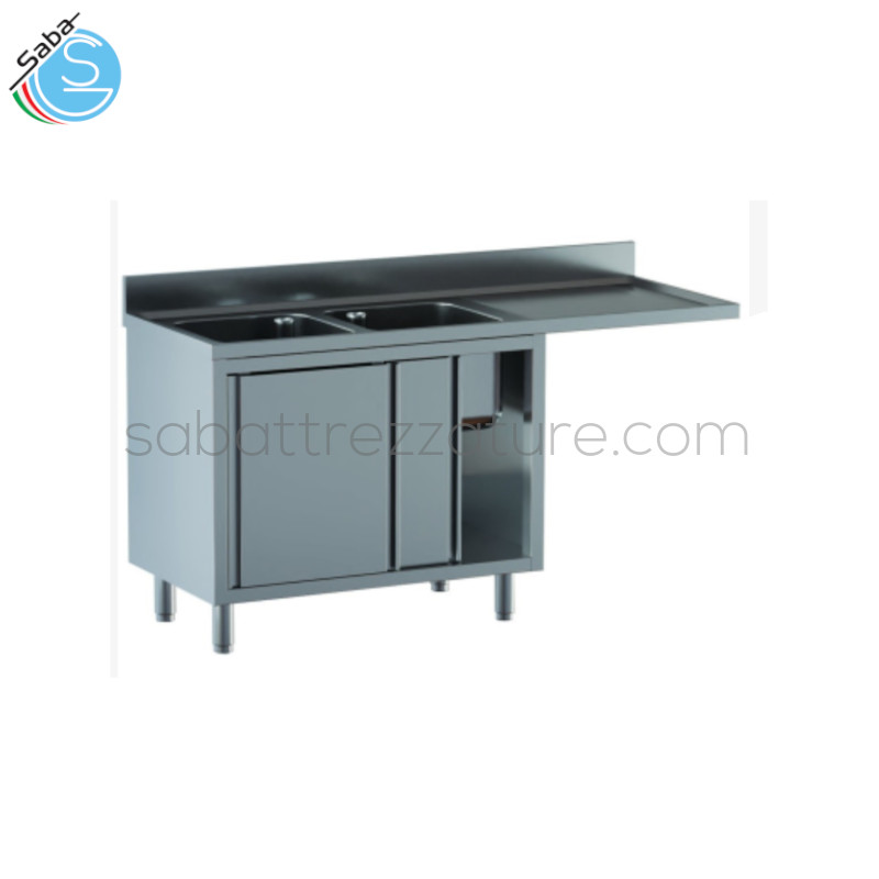 OFFERTA: Lavello inox armadiato con vano lavastoviglie cm 160x70x85H - 2 Vasche rettangolari a sinistra da cm 40x50x30H - Gocciolatoio a destra con sottostante vano lavastoviglie - 2 Porte Scorrevoli