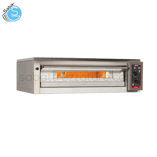 FORNO PIZZA CITIZEN E 9/MC EM - Dim. est. 142x144x43 cm - Dim. int. 105x105x16 cm - Temp. max 400 °C - Nr piz. Ø 33 cm : 9 | 4 tegl. 40x60 - Peso 200 kg - Pot. MAX kW 11,2 - Pot. MED. kW 5,7 - Trifase