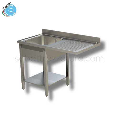 Lavello inox aperto su gambe in tubo quadro e ripiano inferiore - n.1 Vasca a sinistra da cm 60x50x30H - Gocciolatoio a destra con sottostante vano lavastoviglie - Dimensioni cm 140x70x85H