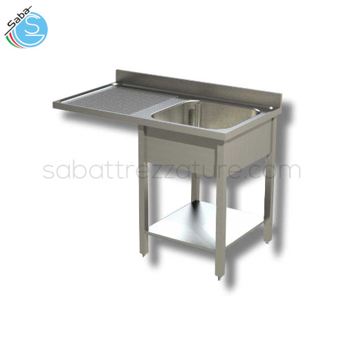 Lavello inox aperto su gambe in tubo quadro e ripiano inferiore - n.1 Vasca a destra da cm 60x50x30H - Gocciolatoio a sinistra con sottostante vano lavastoviglie - Dimensioni cm 140x70x85H