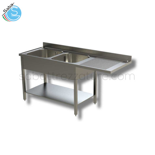 Lavello inox aperto su gambe in tubo quadro e ripiano inferiore - 2 Vasche rettangolari a sinistra da cm 40x50x30H - Gocciolatoio a destra con sottostante vano lavastoviglie - Dimensioni cm 160x70x85H