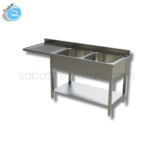 Lavello inox aperto su gambe in tubo quadro e ripiano inferiore - 2 Vasche rettangolari a destra da cm 40x50x30H - Gocciolatoio a sinistra con sottostante vano lavastoviglie - Dimensioni cm 160x70x85H