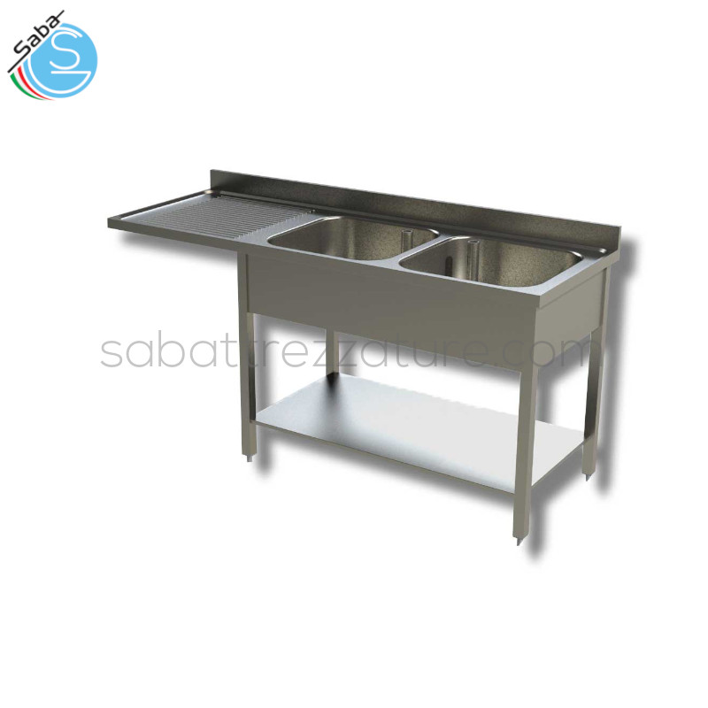 OFFERTA: Lavello inox aperto su gambe in tubo quadro e ripiano inferiore - 2 Vasche rettangolari a destra da cm 40x50x30H - Gocciolatoio a sinistra con sottostante vano lavastoviglie - Dimensioni cm 160x70x85H