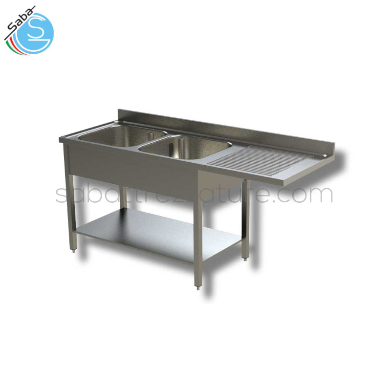 OFFERTA: Lavello inox aperto su gambe in tubo quadro e ripiano inferiore - 2 Vasche rettangolari a sinistra da cm 60x50x30H - Gocciolatoio a destra con sottostante vano lavastoviglie - Dimensioni cm 200x70x85H