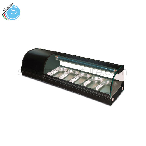 Espositore soprabanco per sushi SH 150 - Illuminazione a led - N° 5 GN1/3 - Temperatura 0 °C / +6 °C - Dimensioni (LxPxH) 1500 x 415 x 300 mm