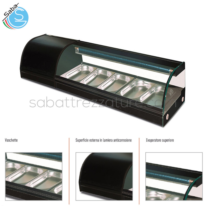 OFFERTA: Espositore soprabanco per sushi SH 150 - Illuminazione a led - N° 5 GN1/3 - Temperatura 0 °C / +6 °C - Dimensioni (LxPxH) 1500 x 415 x 300 mm