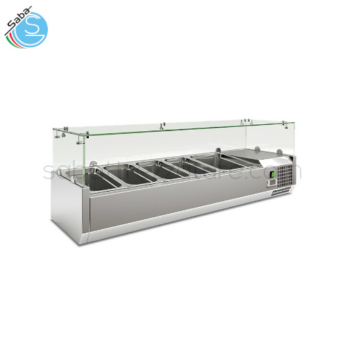 Vetrina refrigerata statica RWX 1400 - Superficie est. e int. in Acciaio Inox - Dimensioni Esterne (LxPxH) 1400 x 395 x 225 mm - Temperatura +2 °C / +8 °C - Vaschette Gastronorm GN (N° 4 GN1/3 + N° 1 GN1/2) - Consumo Energia KwH/24H 1,2