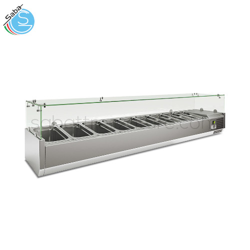 Vetrina refrigerata statica RWX 2000 - Superficie est. e int. in Acciaio Inox - Dimensioni Esterne (LxPxH) 2000 x 395 x 225 mm - Temperatura +2 °C / +8 °C - Vaschette Gastronorm GN (N° 9 GN1/3) - Consumo Energia KwH/24H 1,5