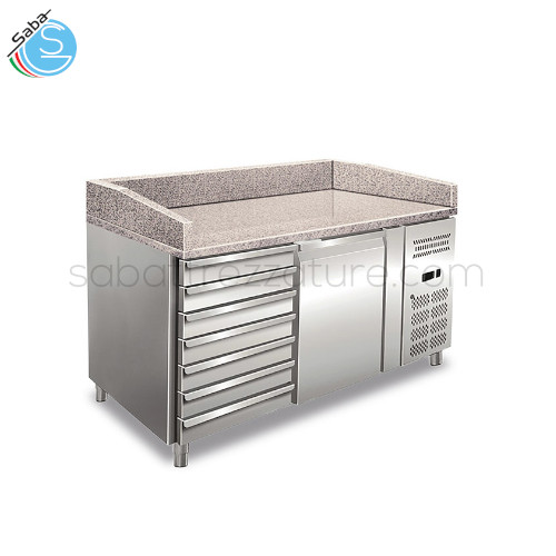 Banco pizza ventilato PZ 01 C KLIMAITALIA - Dim. (LXPXH) mm 1510x800x1000 - Temp. +2/+8 °C - Piano di lavoro in granito mm 25 - Mensole (LxP) N° 2 mm 400x630 - Cassetti Dim. interne (LxP) N°7 mm 400x630 - Peso Netto Kg 256 - Alim. monofase