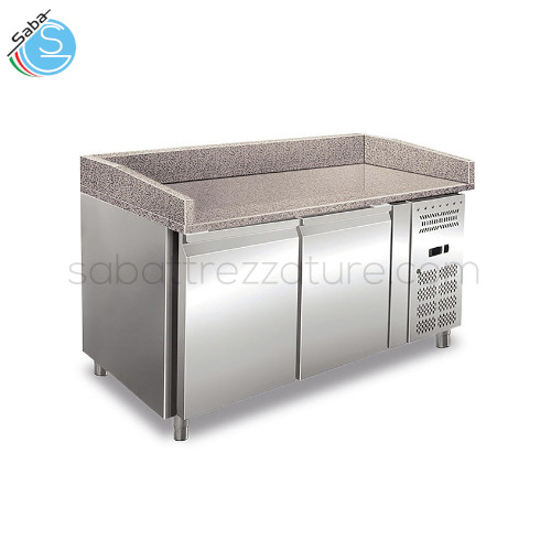 Banco pizza ventilato PZ 02 KLIMAITALIA - Dim. (LXPXH) mm 1510x800x1000 - Temp. +2/+8 °C - Piano di lavoro in granito mm 25 - Mensole (LxP) N° 2 mm 400x630 - Peso Netto Kg 234 - Alim. monofase