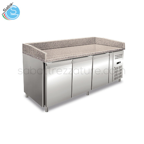 Banco pizza ventilato PZ 03 KLIMAITALIA - Dim. (LXPXH) mm 2025x800x1000 - Temp. +2/+8 °C - Piano di lavoro in granito mm 25 - Mensole (LxP) N° 3 mm 400x630 - Peso Netto Kg 294 - Alim. monofase