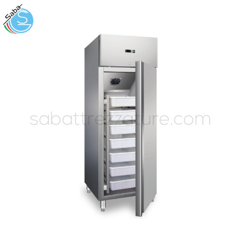 Armadio Gastronorm pescheria ventilato -5 °C / +5 °C - Dimensioni Esterne (LxPxH) cm 68 x 81 x 200 - N.7 cassette in polietilene alimentare da cm 60x40,5x13H - Assorbimento W 265 - Alimentazione monofase - Peso Netto Kg 117