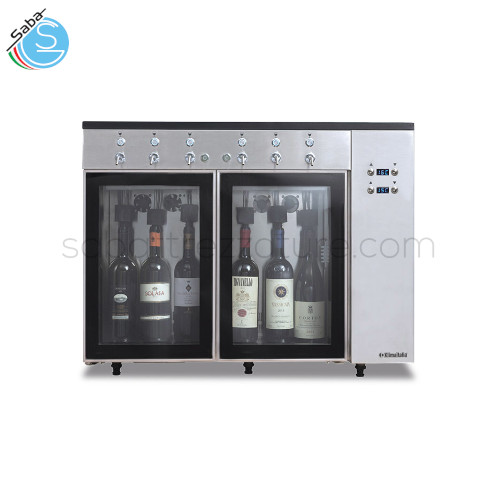 Azotatrice 6 bottiglie SOMMELIER 6 - Temperatura +4 °C / +18 °C - Capienza Bottiglie 6 - Peso Netto Kg 51 - Alimentazione monofase - Assorbimento W 100 - Dimensioni Esterne (LxPxH) 845 X 380 X 641