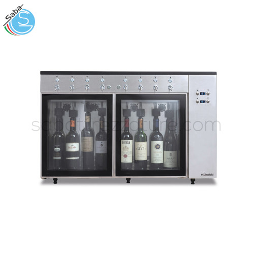 Azotatrice 8 bottiglie SOMMELIER 8 - Temperatura +4 °C / +18 °C - Capienza Bottiglie 8 - Peso Netto Kg 54 - Alimentazione monofase - Assorbimento W 105 - Dimensioni Esterne (LxPxH) 1002 x 359 x 645