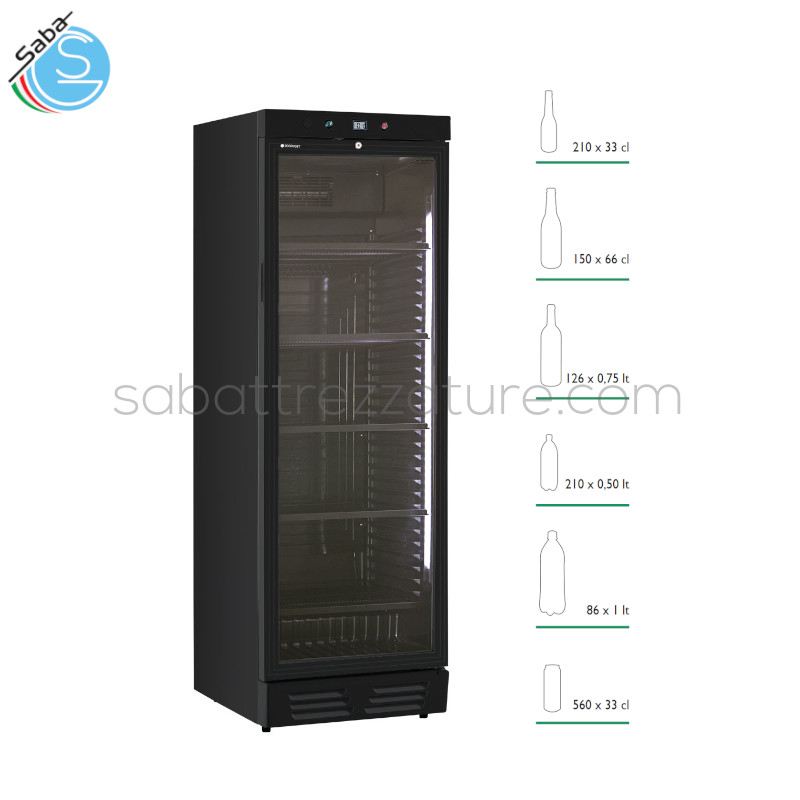 OFFERTA: Frigo vetrina bibite statica con agitatore EKG 390 VG BLK KLIMAITALIA - Raggio di temperatura 0° / 10° C - Frequenza / Voltaggio 50Hz / 220 V - Assorbimento 180 Watt - Volume netto 365 - Dimensioni esterne (L*P*H) 595x655x1830