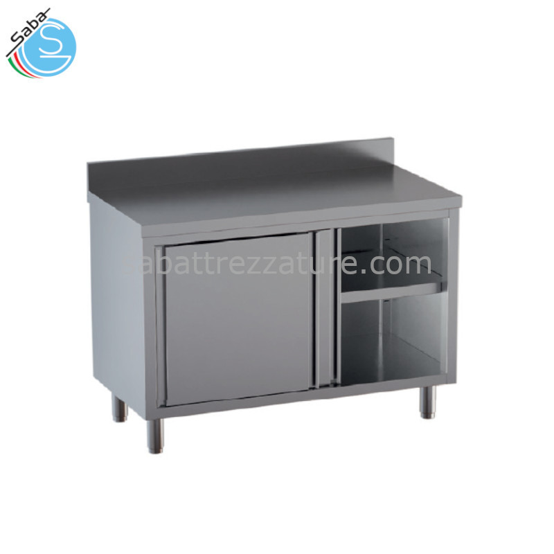 OFFERTA: Tavolo armadiato in acciaio INOX AISI 304, 160Lx60Px85H, con alzatina, con 1 ripiano intermedio e 2 porte scorrevoli con sportelli tamburati e removibili.