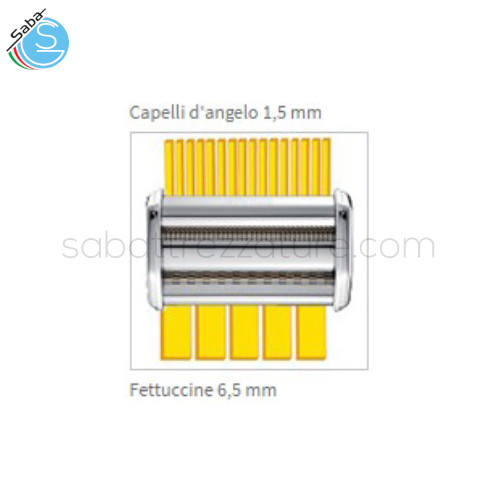 Accessorio per il taglio della pasta in 2 formati: capelli d'angelo (1,5 mm) e fettuccine (6,5 mm).