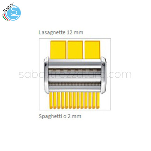 Accessorio per il taglio della pasta in 2 formati: lasagnette (12 mm) e spaghetti (diametro 2 mm).