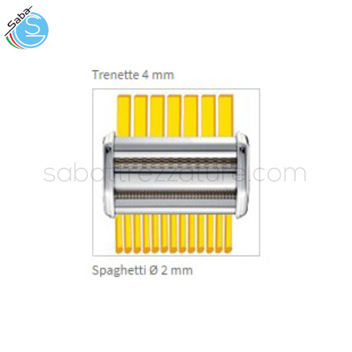 Accessorio per il taglio della pasta in 2 formati: trenette (4 mm) e spaghetti (diametro 2 mm).