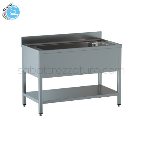 Lavello in acciaio INOX AISI 304 con finitura Scotch Brite 18/10 su gambe - Dimensioni lavello: 120Lx60Px85H cm - Dimensione vasca: 95Lx40Px30H cm - 1 ripiano