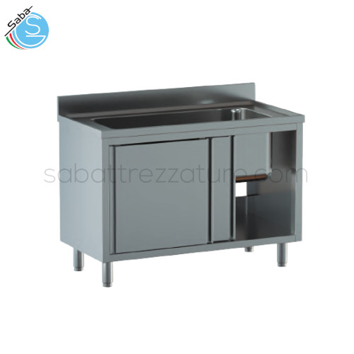 Lavello in acciaio INOX AISI 304 con finitura Scotch Brite 18/10 su armadio con porte scorrevoli - Dimensioni lavello: 120Lx60Px85H cm - Dimensione vasca: 95Lx40Px30H cm