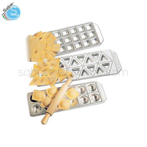 Imperia RAVIOLAMP Tris Classici - Stampo per 18 tortelli triangolari da 6 cm - Stampo per 12 ravioli da 5×5 cm - Stampo per 24 ravioli da 3×3 cm - Mattarello in legno