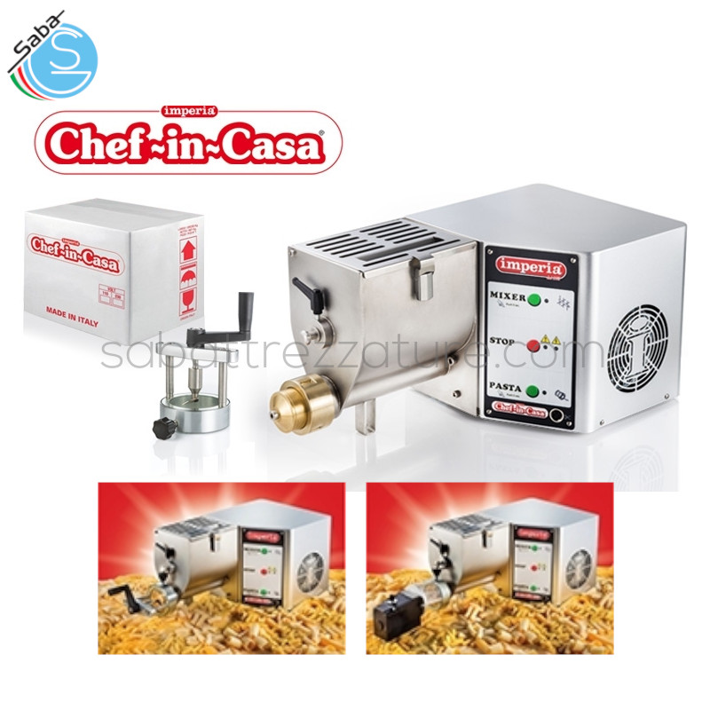 OFFERTA: Macchina per pasta Imperia Chef in Casa 750 - Capacità vasca: 2,5 kg - Produzione oraria: 6 kg/h - Diametro trafila: 59 mm - Peso: 30 kg - Dimensioni: cm 29x55x30h - Alimentazione: 230 V/1N/50 Hz