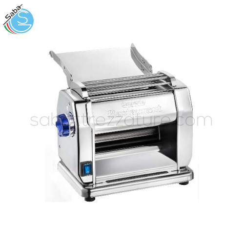 New Restaurant Professional Sfogliatrice Imperia - Dim. 30x22x27,5 cm - Peso 14,8 Kg - Alim. 230 V / 50 Hz - Pot. 160 W - Veloc. di rot. dei rulli 45 giri/min - Campo di regol. dei rulli 0-5 mm - Produz. sfoglia 12 kg/h - Lungh. sfoglia 210 mm